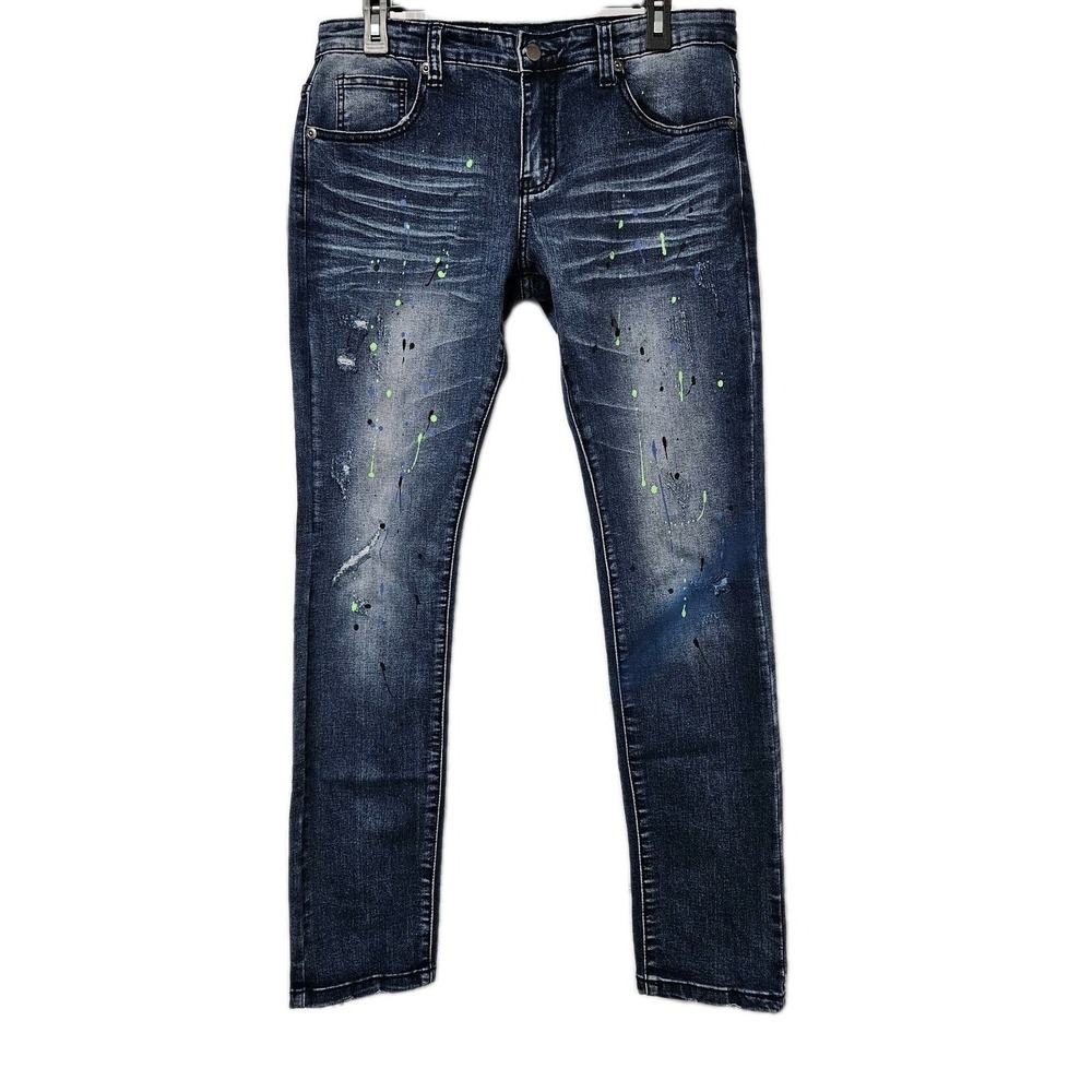 Kilogram Jeans Mens 31 Blue Paint Splatter Slim Fit Distressed‎ Streetwear Denim